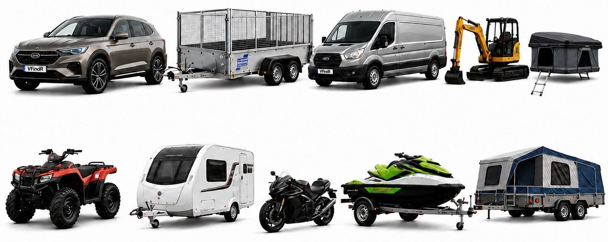 Examples of assets covered by VFindR, including a car, van, trailer, plant machinery, roof tent, ATV, caravan, motorbike, jet ski and camper trailer