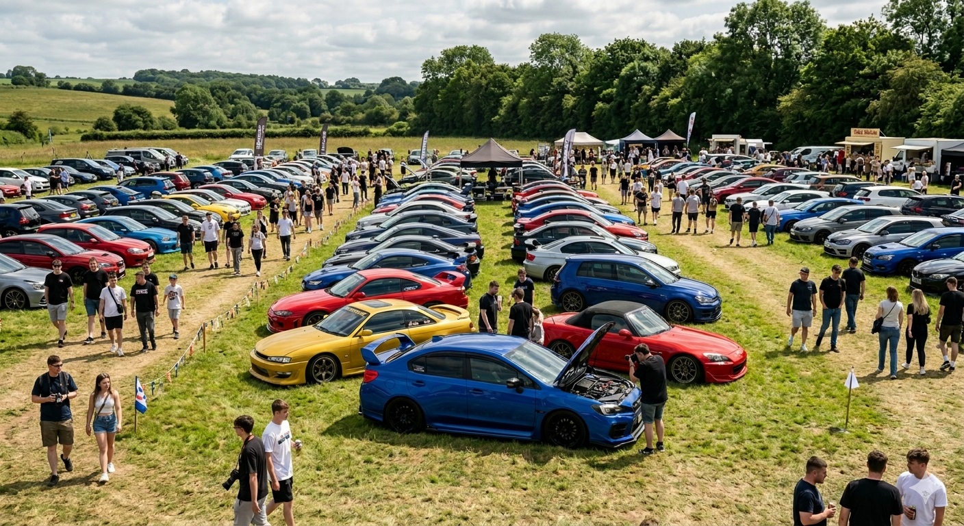 Modified cars lined up at a UK car meet event