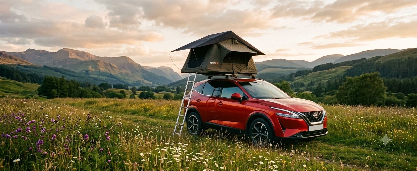 car with a tent box on